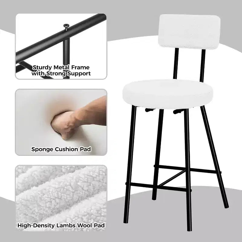 Tabourets de bar Boucle, Chaises de bar hauteur comptoir 24 po avec dossier et repose-pieds, Tabourets ronds rembourrés modernes pour îlot de cuisine, café, beige