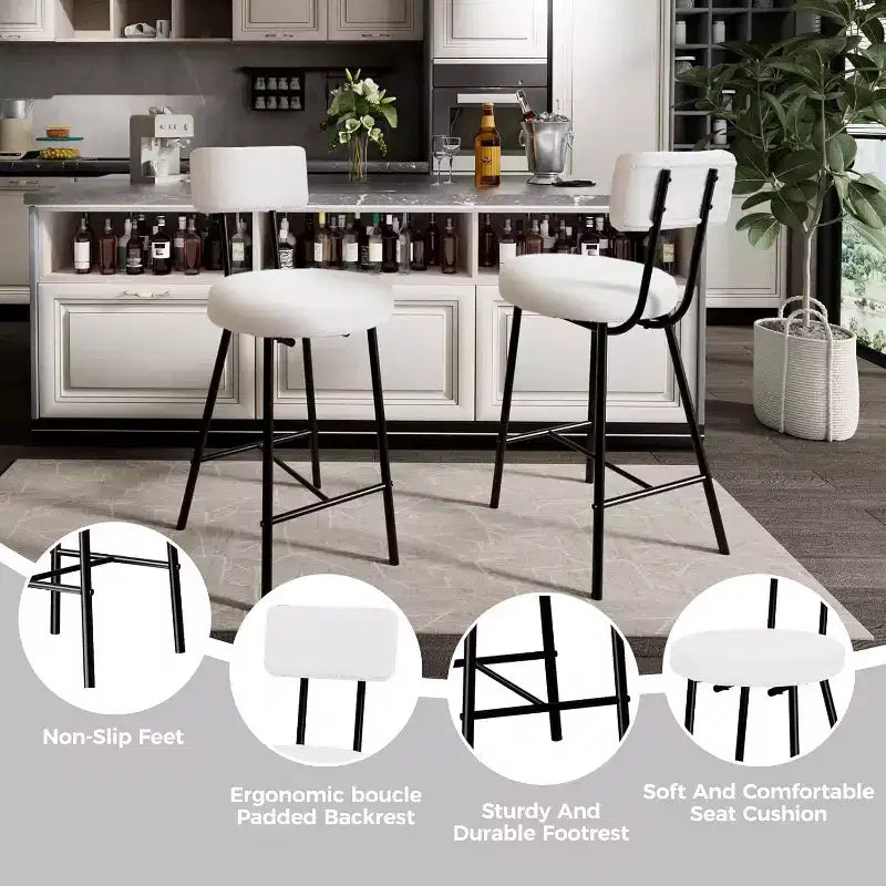Tabourets de bar Boucle, Chaises de bar hauteur comptoir 24 po avec dossier et repose-pieds, Tabourets ronds rembourrés modernes pour îlot de cuisine, café, beige
