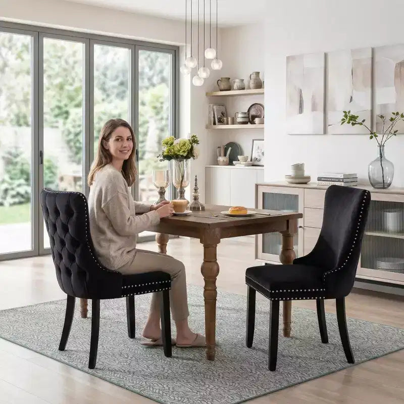 Lot de 2 chaises de salle à manger capitonnées en velours FurnitureR avec garniture cloutée, chaises de cuisine rembourrées, chaises d'appoint modernes pour salle à manger