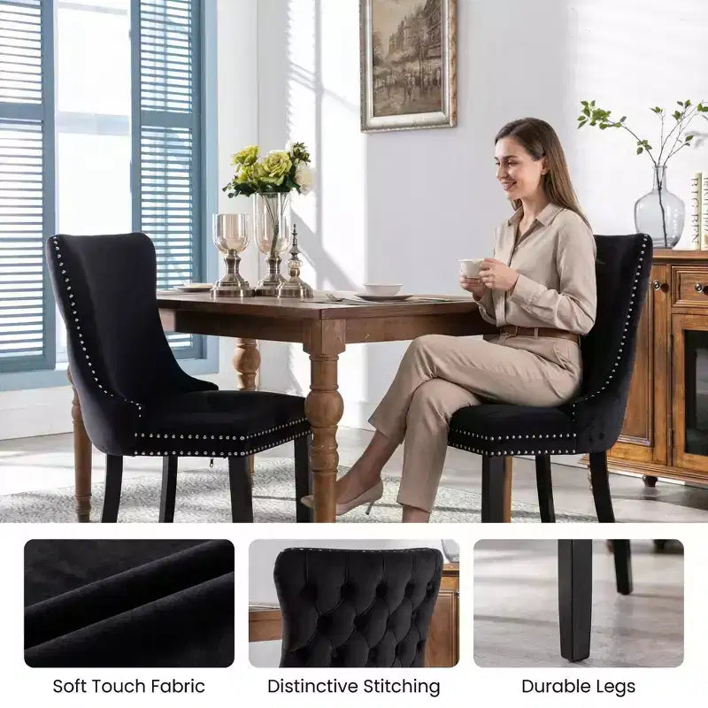 Lot de 2 chaises de salle à manger capitonnées en velours FurnitureR avec garniture cloutée, chaises de cuisine rembourrées, chaises d'appoint modernes pour salle à manger
