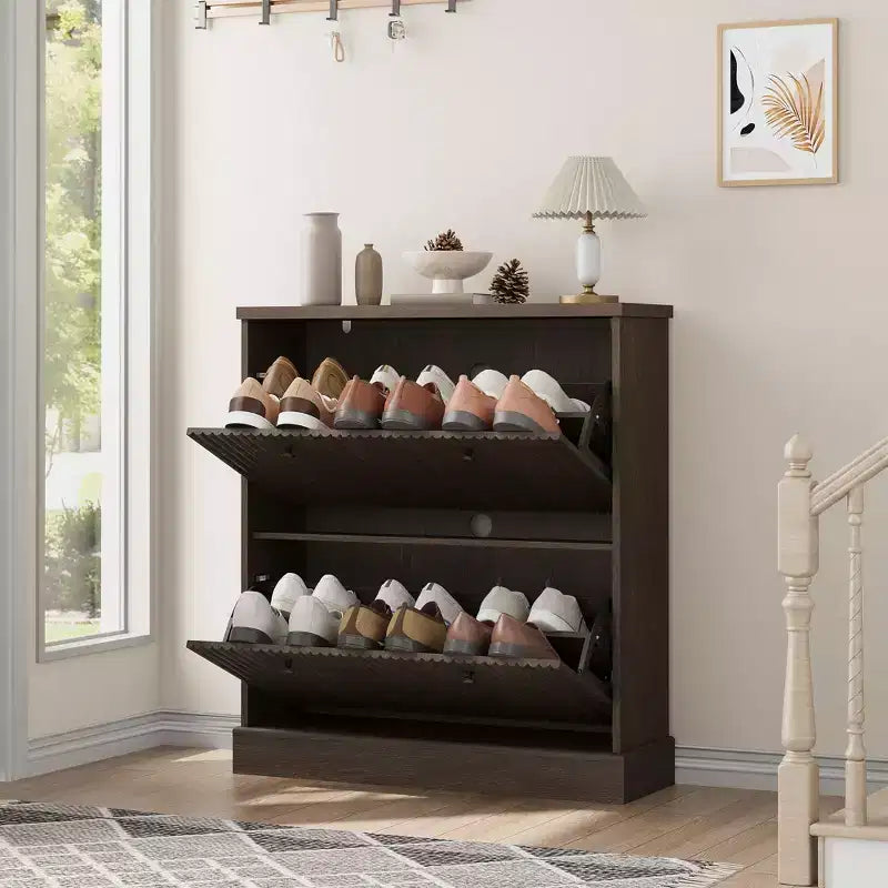 Acekool Meuble à chaussures étroit 2 tiroirs motif vague noyer, organiseur d'entrée pour couloir et chambre