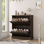 Acekool Meuble à chaussures étroit 2 tiroirs motif vague noyer, organiseur d'entrée pour couloir et chambre