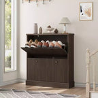 Acekool Meuble à chaussures étroit 2 tiroirs motif vague noyer, organiseur d'entrée pour couloir et chambre