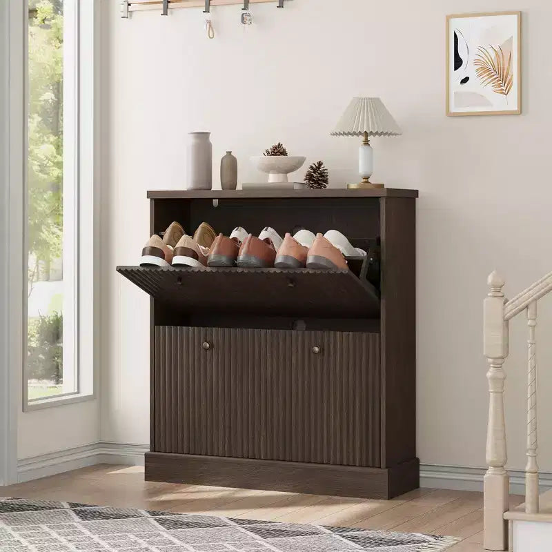 Acekool Meuble à chaussures étroit 2 tiroirs motif vague noyer, organiseur d'entrée pour couloir et chambre