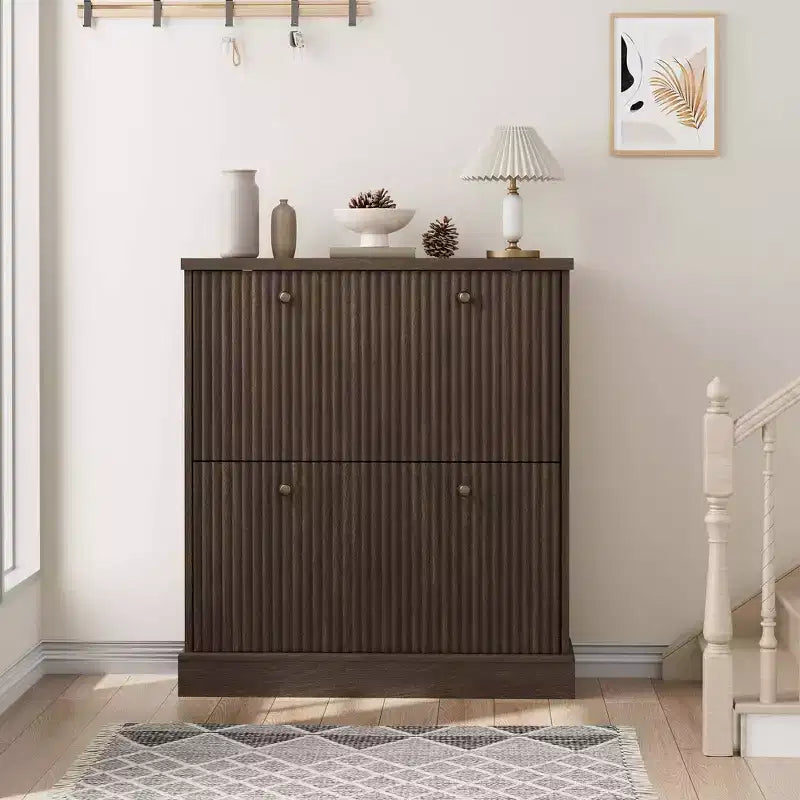 Acekool Meuble à chaussures étroit 2 tiroirs motif vague noyer, organiseur d'entrée pour couloir et chambre