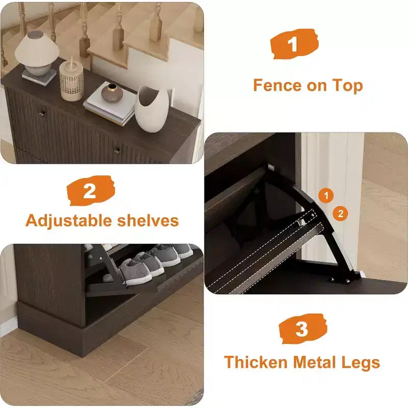 Acekool Meuble à chaussures étroit 2 tiroirs motif vague noyer, organiseur d'entrée pour couloir et chambre