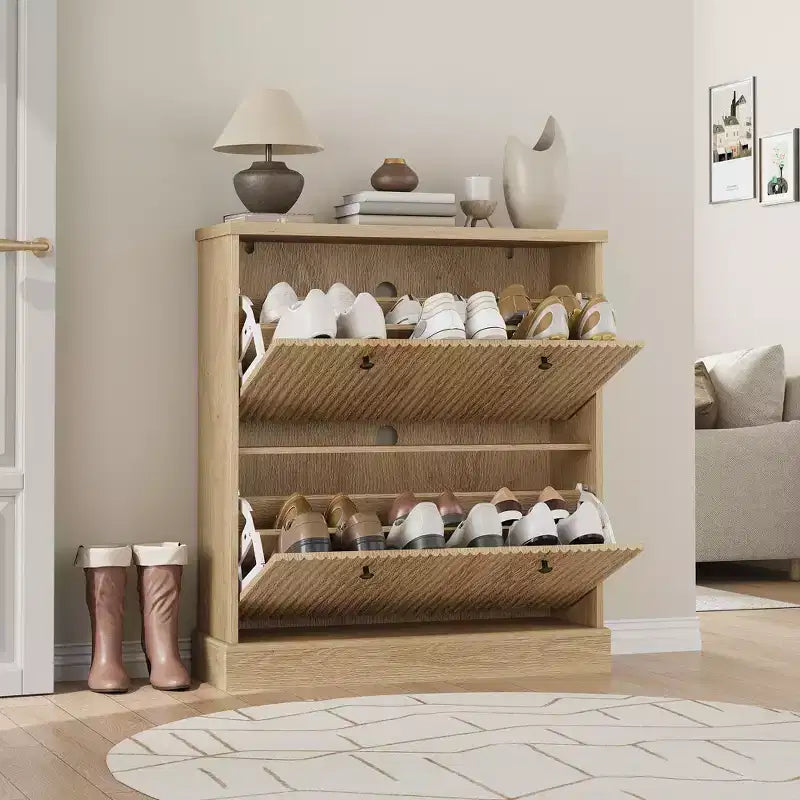 Acekool Meuble à chaussures étroit 2 tiroirs motif vague noyer, organiseur d'entrée pour couloir et chambre