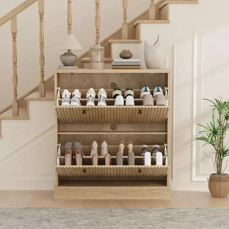 Acekool Meuble à chaussures étroit 2 tiroirs motif vague noyer, organiseur d'entrée pour couloir et chambre