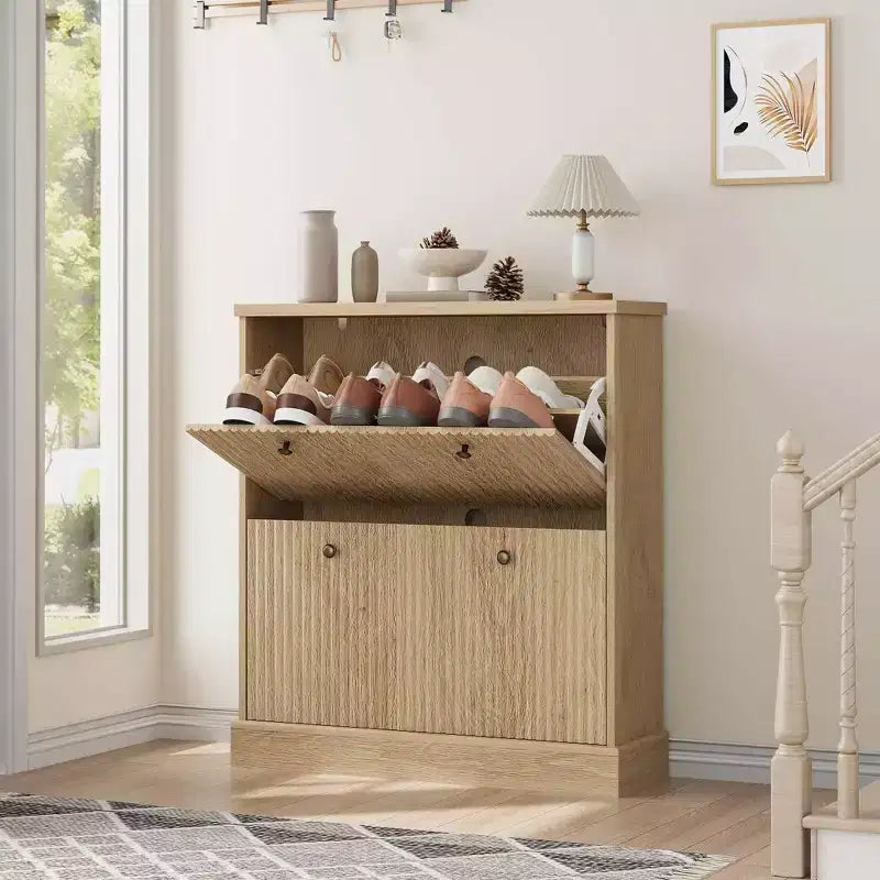 Acekool Meuble à chaussures étroit 2 tiroirs motif vague noyer, organiseur d'entrée pour couloir et chambre