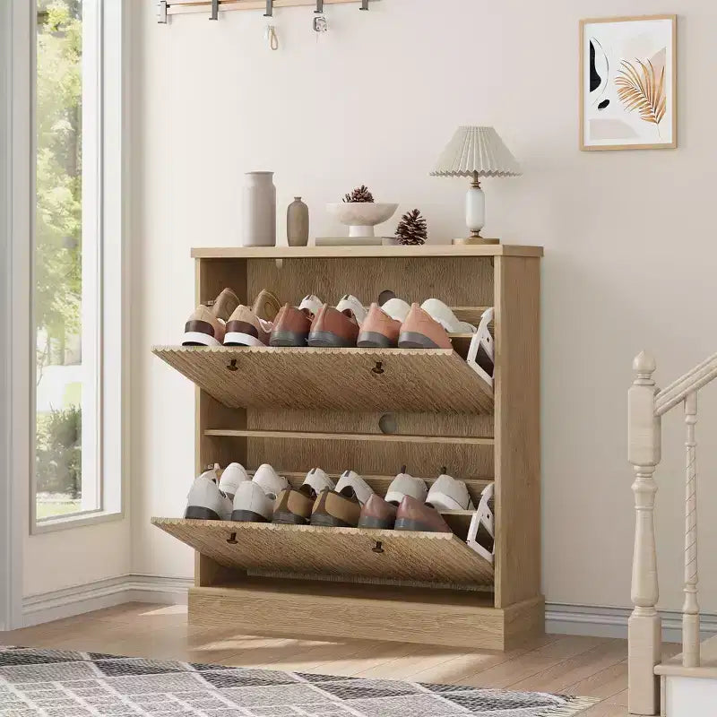 Acekool Meuble à chaussures étroit 2 tiroirs motif vague noyer, organiseur d'entrée pour couloir et chambre