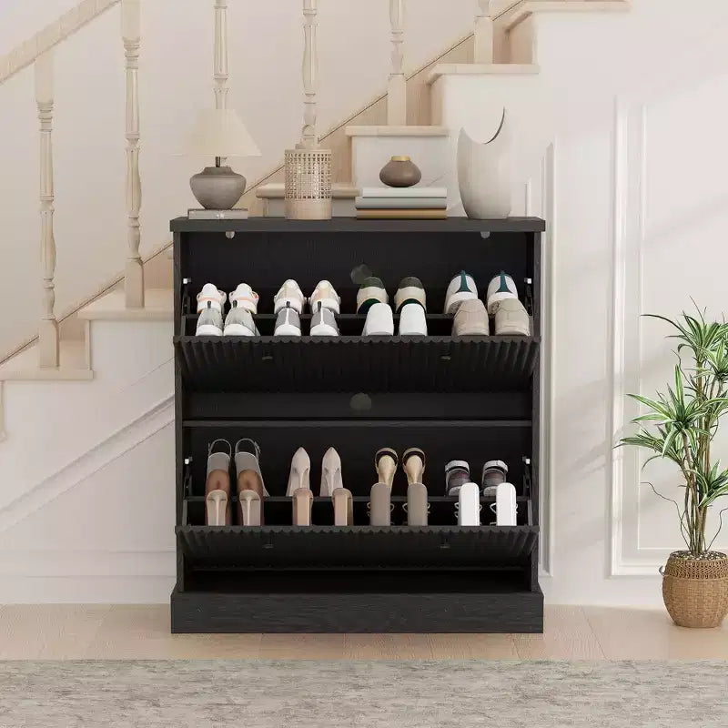 Acekool Meuble à chaussures étroit 2 tiroirs motif vague noyer, organiseur d'entrée pour couloir et chambre