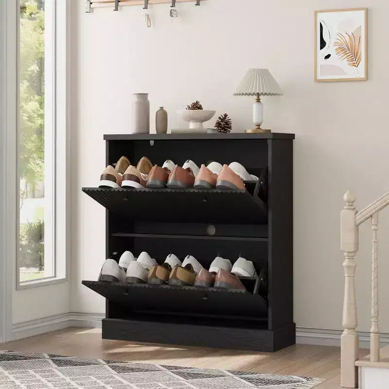 Acekool Meuble à chaussures étroit 2 tiroirs motif vague noyer, organiseur d'entrée pour couloir et chambre