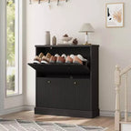 Acekool Meuble à chaussures étroit 2 tiroirs motif vague noyer, organiseur d'entrée pour couloir et chambre