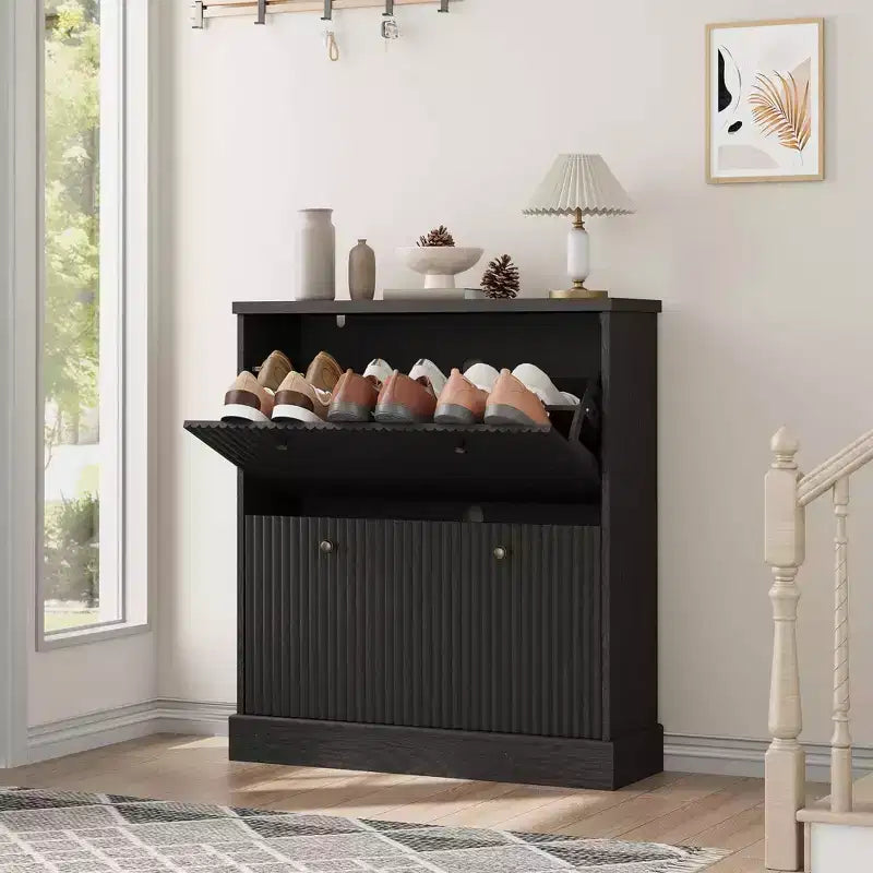 Acekool Meuble à chaussures étroit 2 tiroirs motif vague noyer, organiseur d'entrée pour couloir et chambre
