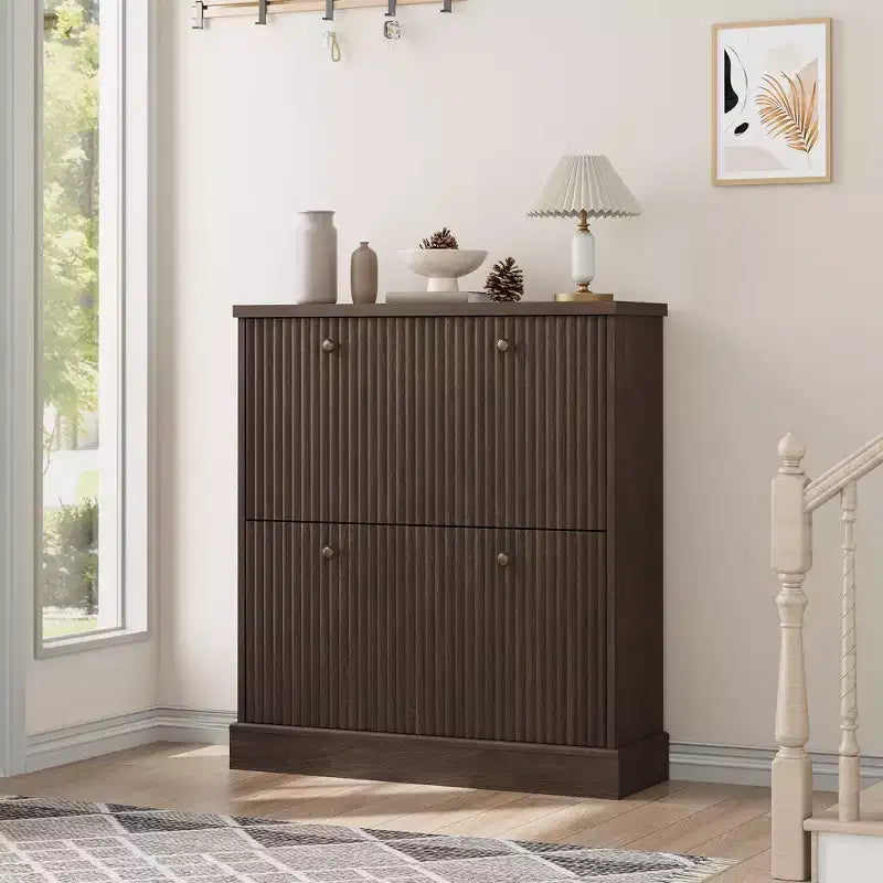 Acekool Meuble à chaussures étroit 2 tiroirs motif vague noyer, organiseur d'entrée pour couloir et chambre