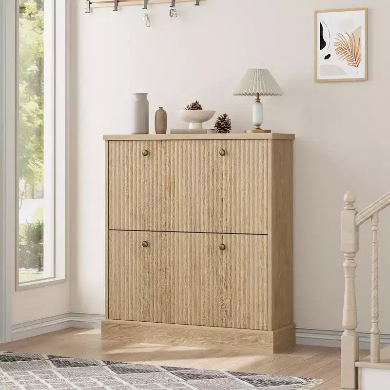Acekool Meuble à chaussures étroit 2 tiroirs motif vague noyer, organiseur d'entrée pour couloir et chambre