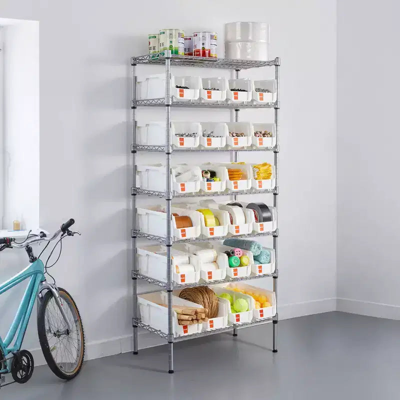 Étagère de rangement à roulettes VEVOR à 7 niveaux, 24 petits bacs, système d'étagères en fil d'acier pour bacs avec roues, organiseur d'outils mobile, argent+blanc