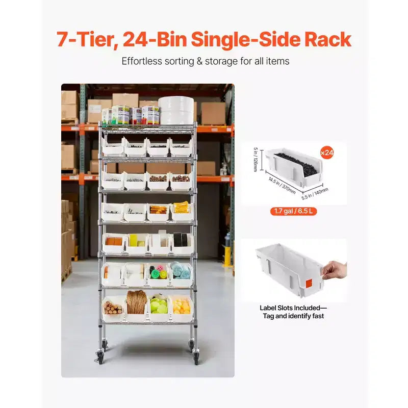 Étagère de rangement à roulettes VEVOR à 7 niveaux, 24 petits bacs, système d'étagères en fil d'acier pour bacs avec roues, organiseur d'outils mobile, argent+blanc