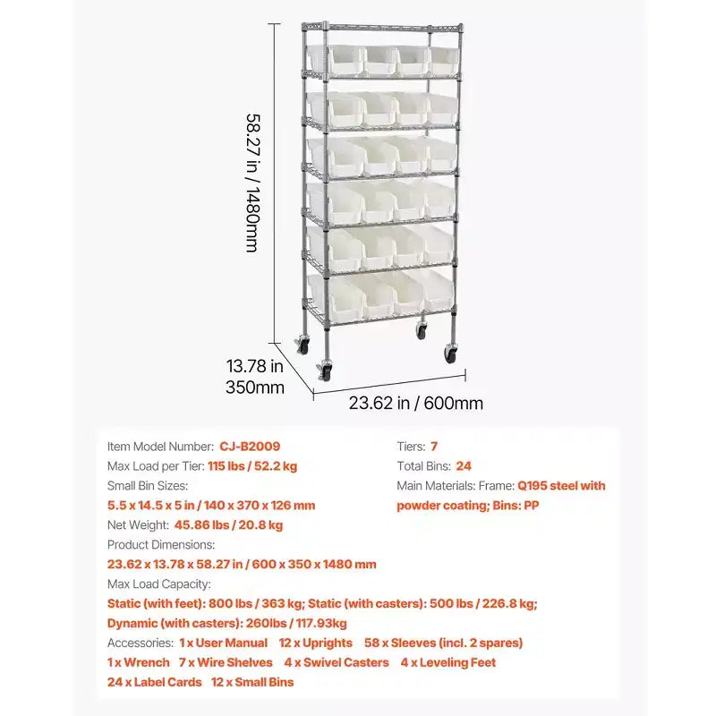 Étagère de rangement à roulettes VEVOR à 7 niveaux, 24 petits bacs, système d'étagères en fil d'acier pour bacs avec roues, organiseur d'outils mobile, argent+blanc