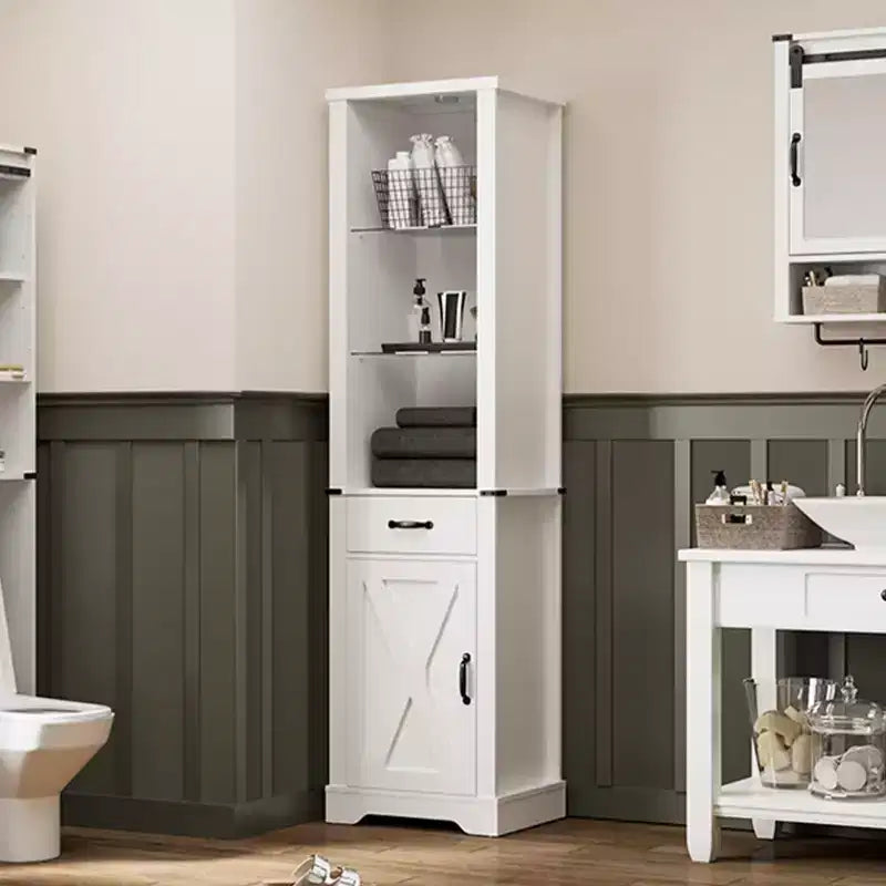 Meuble de rangement 75 LED avec porte de grange, garde-manger de style ferme avec étagères en verre, blanc