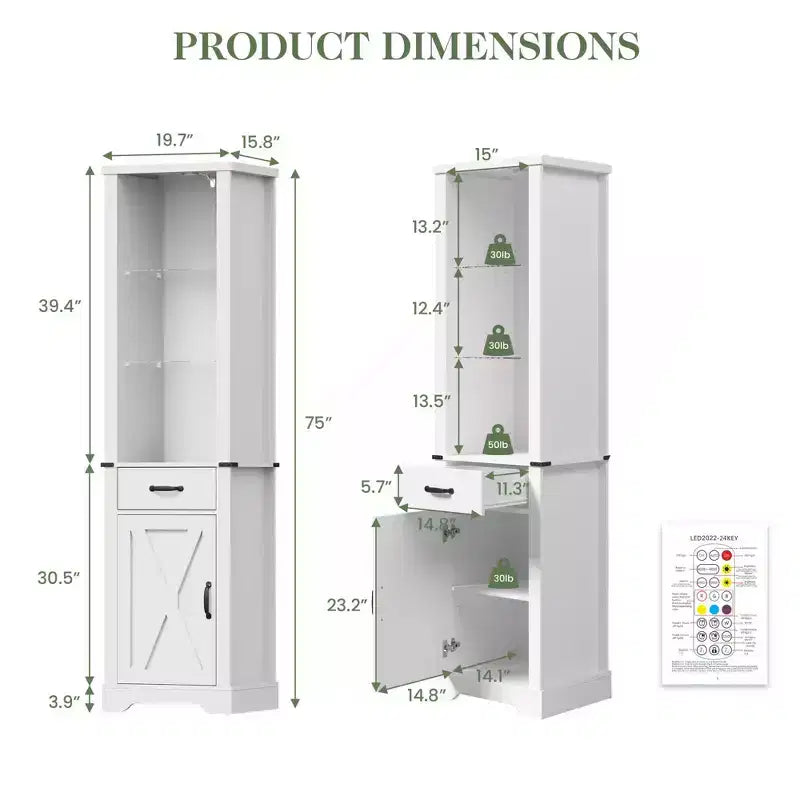 Meuble de rangement 75 LED avec porte de grange, garde-manger de style ferme avec étagères en verre, blanc