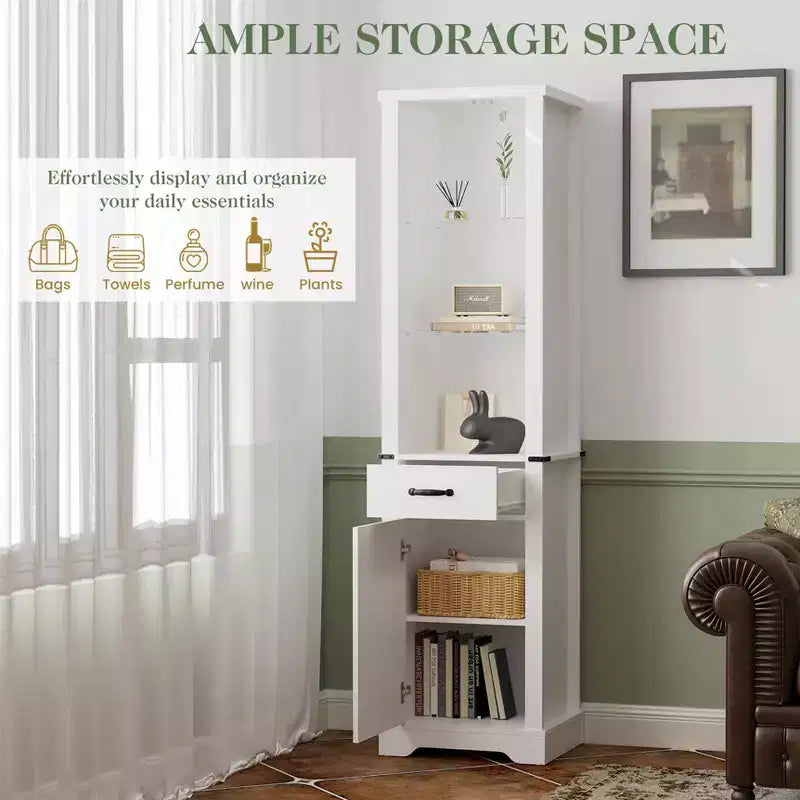 Meuble de rangement 75 LED avec porte de grange, garde-manger de style ferme avec étagères en verre, blanc