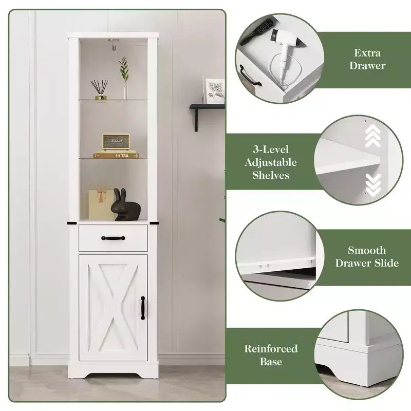 Meuble de rangement 75 LED avec porte de grange, garde-manger de style ferme avec étagères en verre, blanc