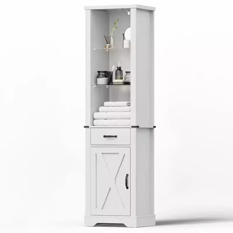 Meuble de rangement 75 LED avec porte de grange, garde-manger de style ferme avec étagères en verre, blanc