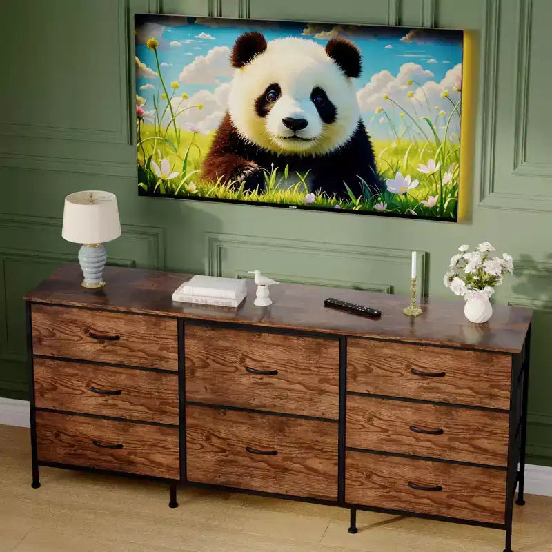 Meuble TV, Commode en tissu à 8 tiroirs avec plateau en bois, Centre de divertissement commode, Table console TV média moderne pour chambre à coucher et salon