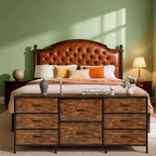 Meuble TV, Commode en tissu à 8 tiroirs avec plateau en bois, Centre de divertissement commode, Table console TV média moderne pour chambre à coucher et salon