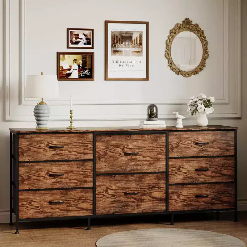 Meuble TV, Commode en tissu à 8 tiroirs avec plateau en bois, Centre de divertissement commode, Table console TV média moderne pour chambre à coucher et salon