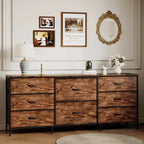 Meuble TV, Commode en tissu à 8 tiroirs avec plateau en bois, Centre de divertissement commode, Table console TV média moderne pour chambre à coucher et salon