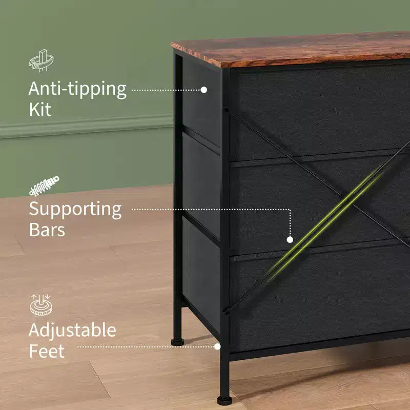 Meuble TV, Commode en tissu à 8 tiroirs avec plateau en bois, Centre de divertissement commode, Table console TV média moderne pour chambre à coucher et salon