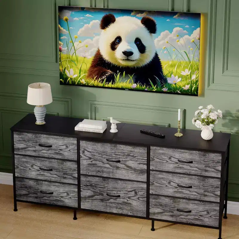 Meuble TV, Commode en tissu à 8 tiroirs avec plateau en bois, Centre de divertissement commode, Table console TV média moderne pour chambre à coucher et salon