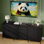 Meuble TV, Commode en tissu à 8 tiroirs avec plateau en bois, Centre de divertissement commode, Table console TV média moderne pour chambre à coucher et salon