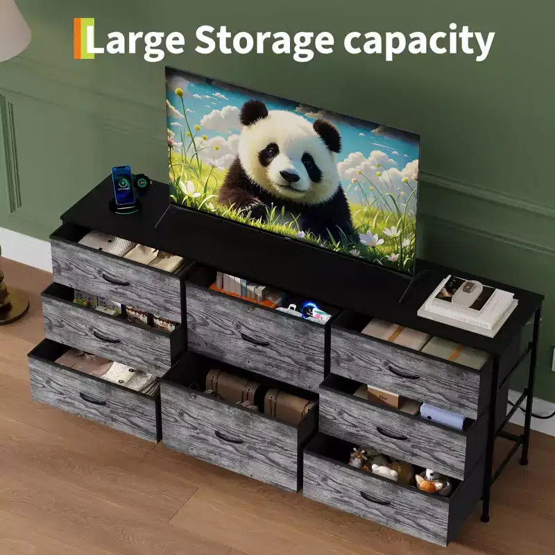 Meuble TV, Commode en tissu à 8 tiroirs avec plateau en bois, Centre de divertissement commode, Table console TV média moderne pour chambre à coucher et salon