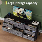 Meuble TV, Commode en tissu à 8 tiroirs avec plateau en bois, Centre de divertissement commode, Table console TV média moderne pour chambre à coucher et salon