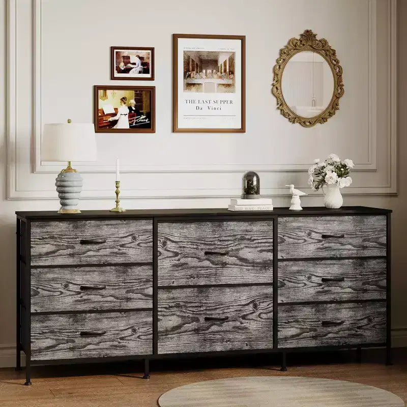 Meuble TV, Commode en tissu à 8 tiroirs avec plateau en bois, Centre de divertissement commode, Table console TV média moderne pour chambre à coucher et salon