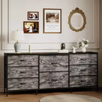 Meuble TV, Commode en tissu à 8 tiroirs avec plateau en bois, Centre de divertissement commode, Table console TV média moderne pour chambre à coucher et salon