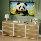 Meuble TV, Commode en tissu à 8 tiroirs avec plateau en bois, Centre de divertissement commode, Table console TV média moderne pour chambre à coucher et salon