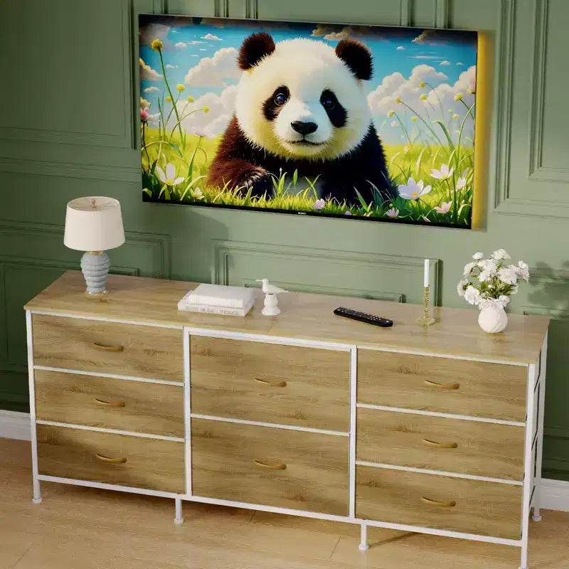 Meuble TV, Commode en tissu à 8 tiroirs avec plateau en bois, Centre de divertissement commode, Table console TV média moderne pour chambre à coucher et salon