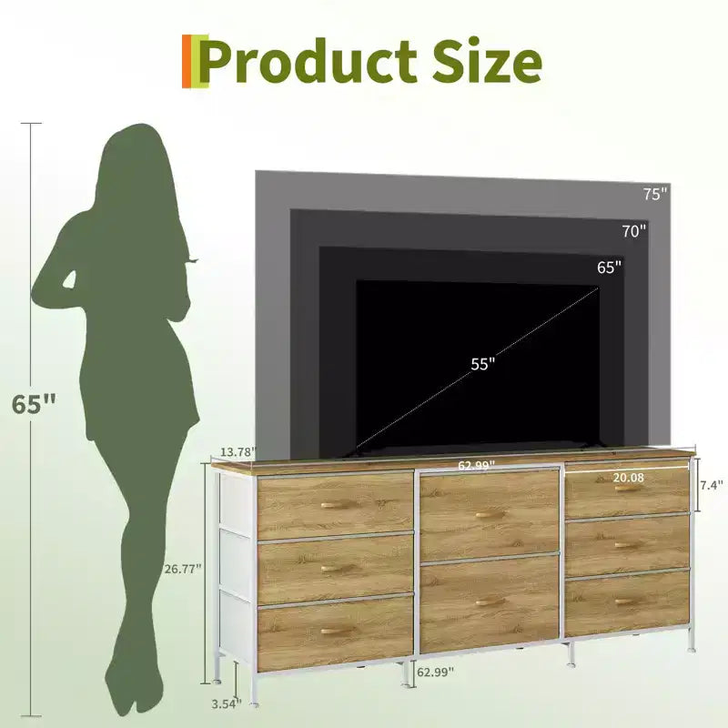 Meuble TV, Commode en tissu à 8 tiroirs avec plateau en bois, Centre de divertissement commode, Table console TV média moderne pour chambre à coucher et salon
