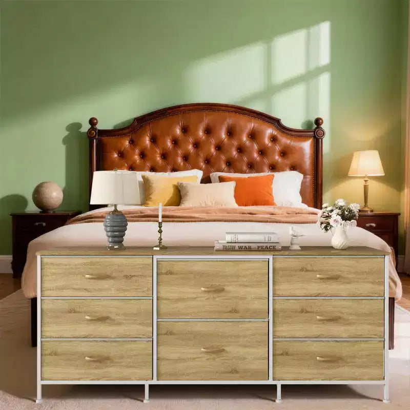 Meuble TV, Commode en tissu à 8 tiroirs avec plateau en bois, Centre de divertissement commode, Table console TV média moderne pour chambre à coucher et salon