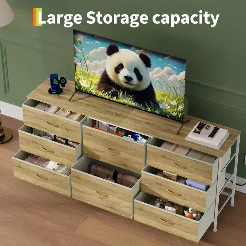 Meuble TV, Commode en tissu à 8 tiroirs avec plateau en bois, Centre de divertissement commode, Table console TV média moderne pour chambre à coucher et salon