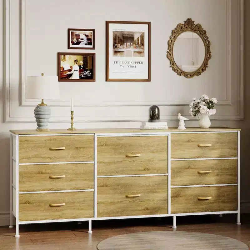 Meuble TV, Commode en tissu à 8 tiroirs avec plateau en bois, Centre de divertissement commode, Table console TV média moderne pour chambre à coucher et salon