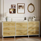 Meuble TV, Commode en tissu à 8 tiroirs avec plateau en bois, Centre de divertissement commode, Table console TV média moderne pour chambre à coucher et salon