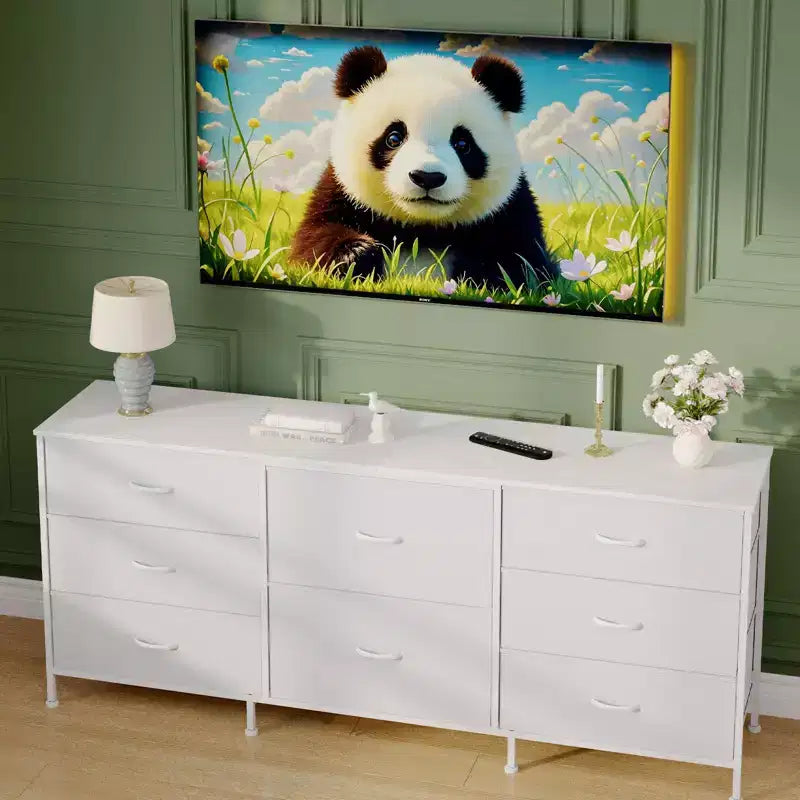 Meuble TV, Commode en tissu à 8 tiroirs avec plateau en bois, Centre de divertissement commode, Table console TV média moderne pour chambre à coucher et salon