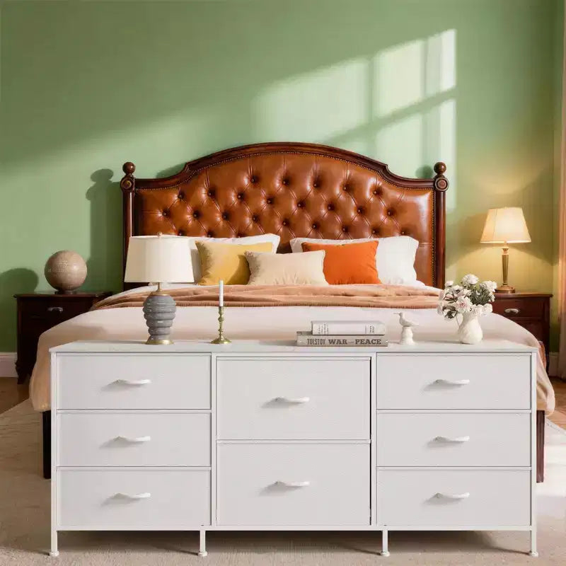 Meuble TV, Commode en tissu à 8 tiroirs avec plateau en bois, Centre de divertissement commode, Table console TV média moderne pour chambre à coucher et salon