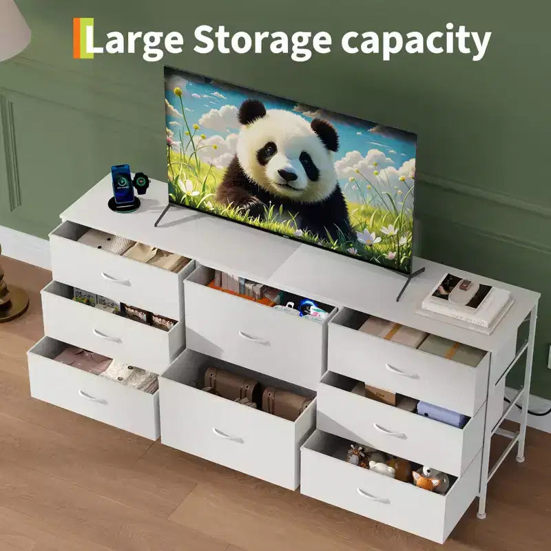 Meuble TV, Commode en tissu à 8 tiroirs avec plateau en bois, Centre de divertissement commode, Table console TV média moderne pour chambre à coucher et salon