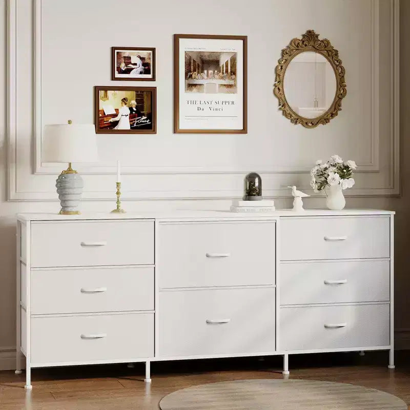 Meuble TV, Commode en tissu à 8 tiroirs avec plateau en bois, Centre de divertissement commode, Table console TV média moderne pour chambre à coucher et salon